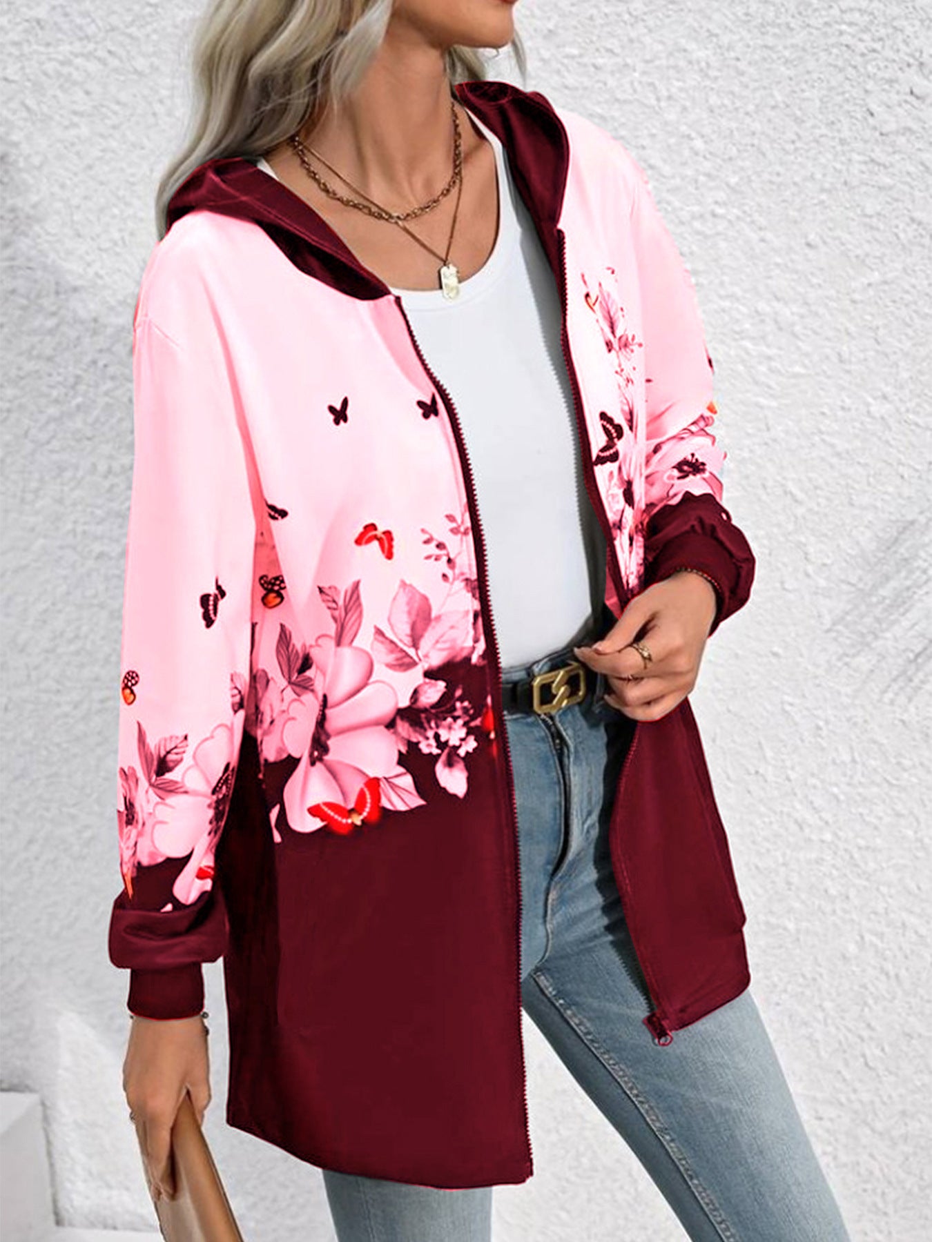 Printed Mid-length Zip Hooded Jacket