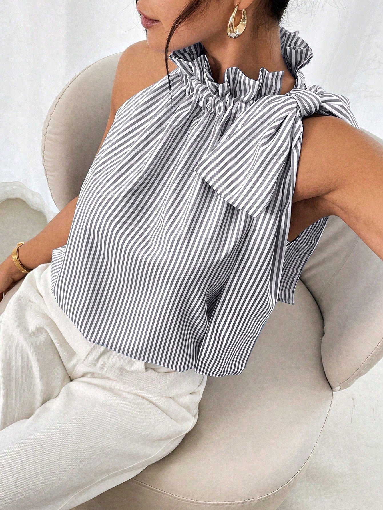 Fashion Casual Sleeveless Striped Lace Turtleneck Top