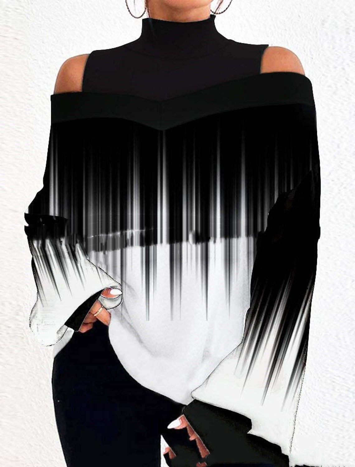 Turtleneck Off-the-shoulder Long Sleeve Printed Top