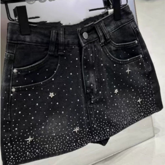 Retro Rhinestone Bright Star River Slim-fit Slimming Denim Skirt