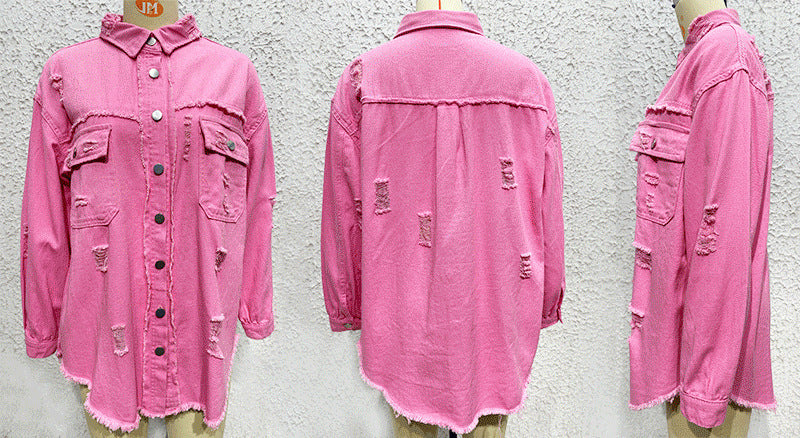 Distressed Denim Jacket Women's Long Sleeve Shirt Casual Lapel Coat With Raw Hem Details