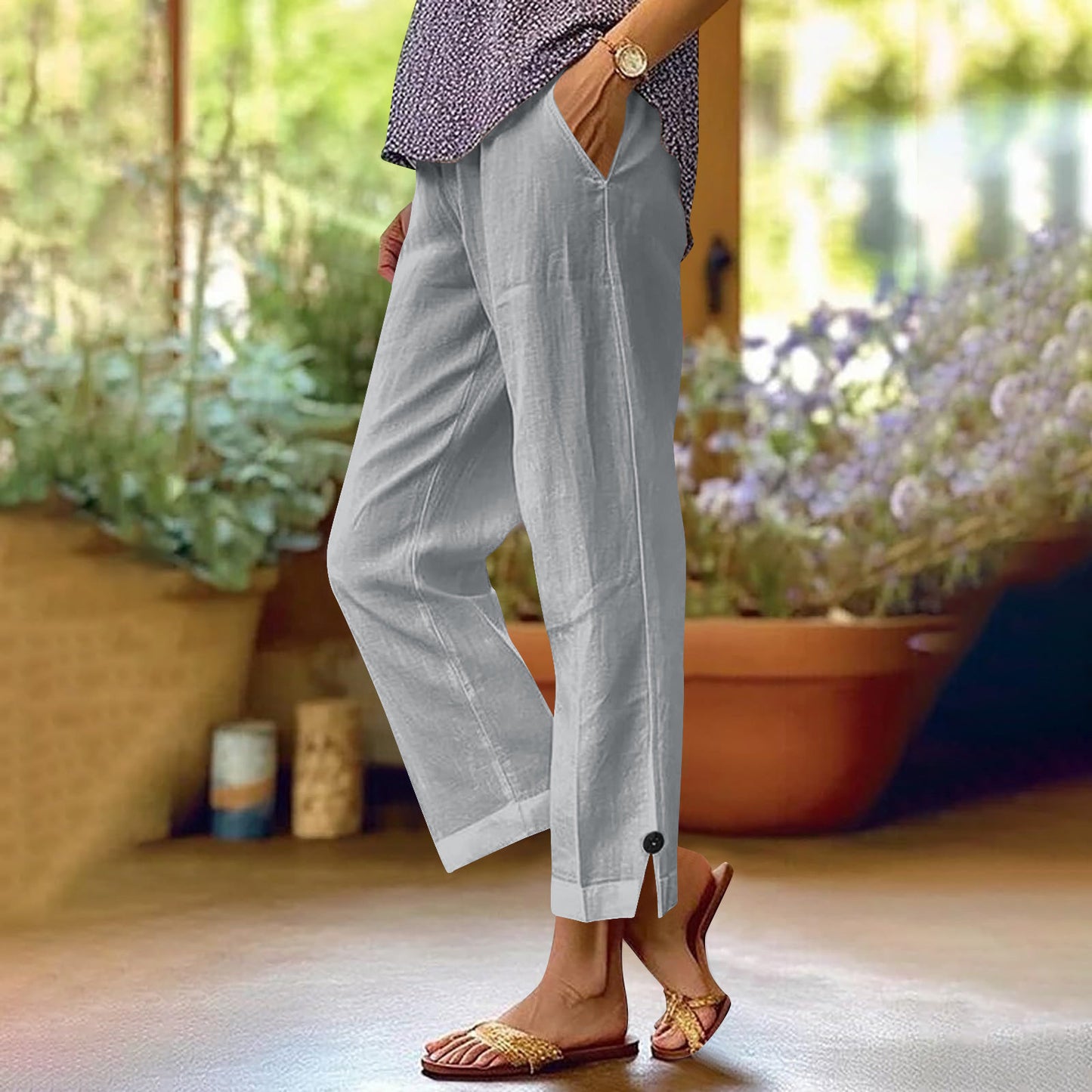 Cotton And Linen Loose Pure Color Elastic Waist Pocket Straight Casual Pants