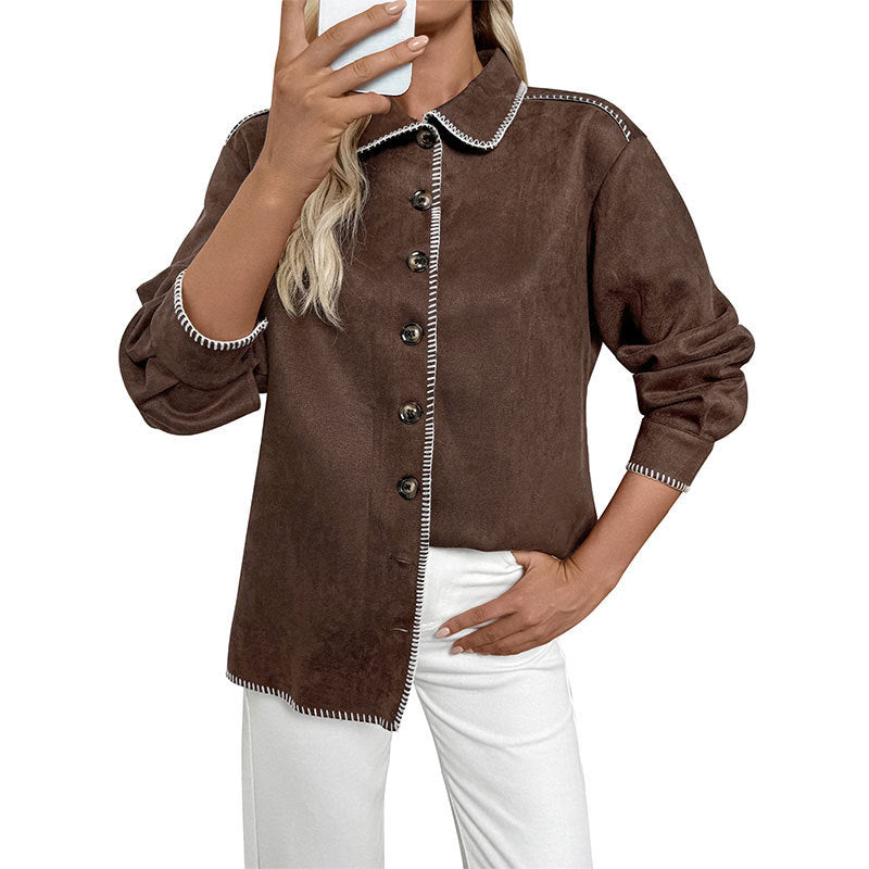 Casual Retro Style Trim Color Stitching Turnover Neck Loose Shirt Coat For Women