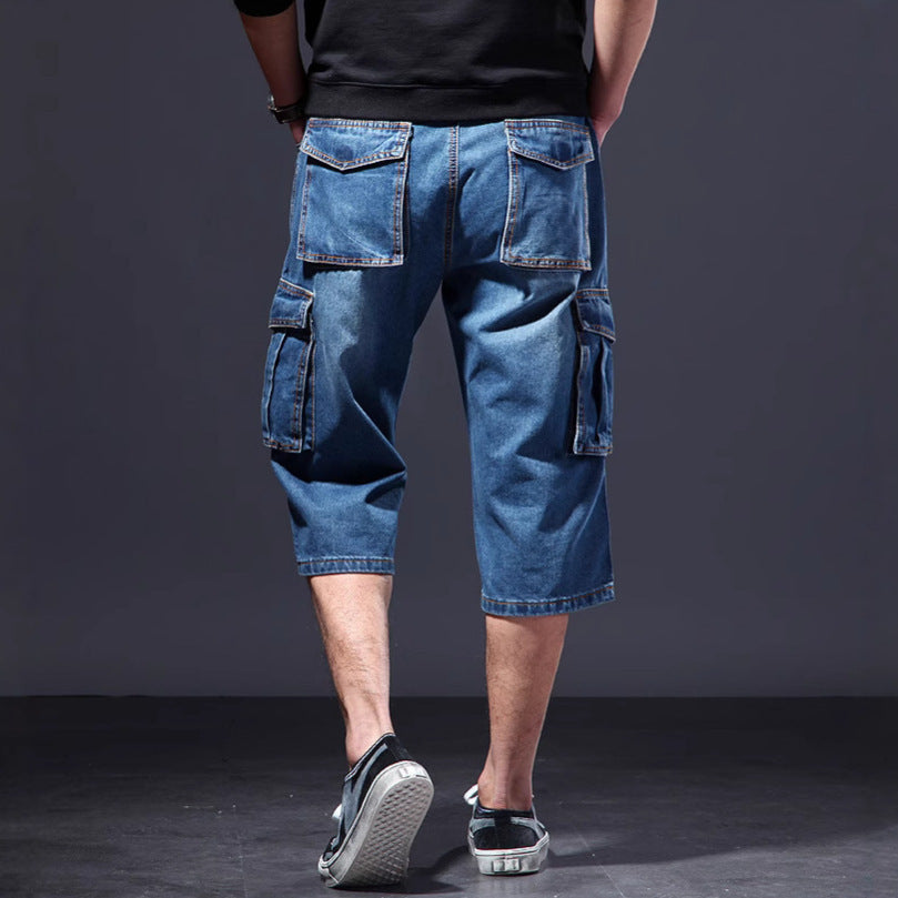 Jeans Uomo Estate Cropped Pants Mid Waist Blue Casual