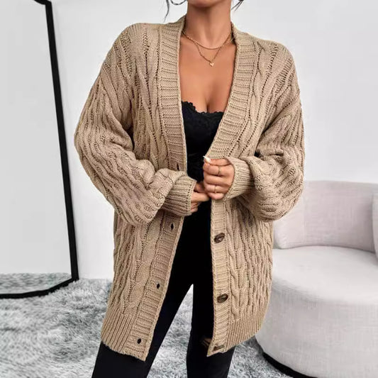 Women's Single-breasted Long Sleeve V-neck Sweaters Coat