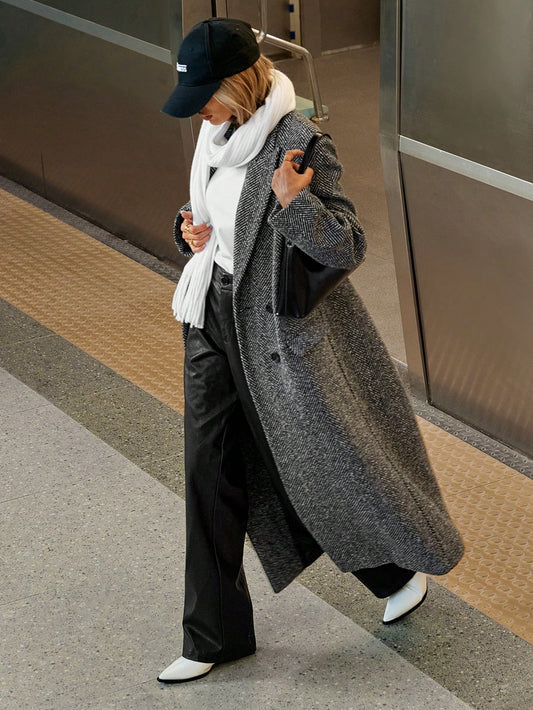 Women's Herringbone Lapel Long Sleeved Coat