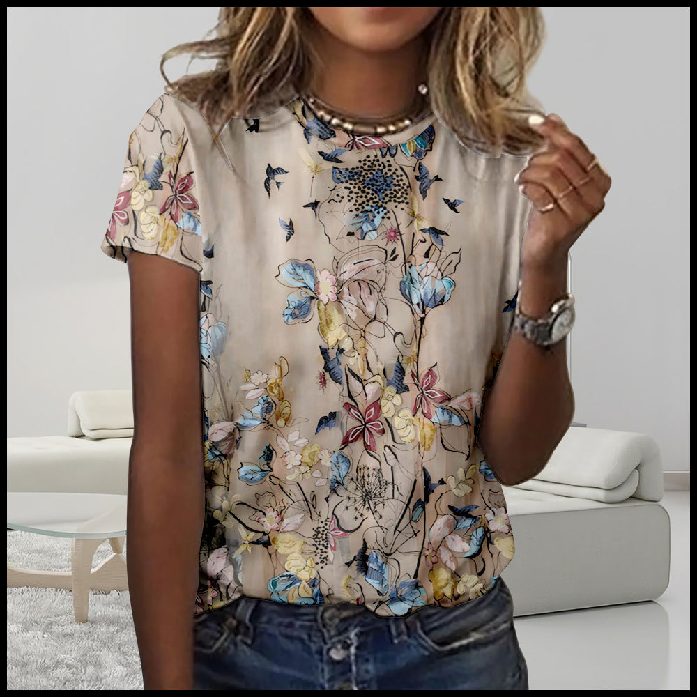 Digital Printing Loose Casual Women's Round Neck T-shirt
