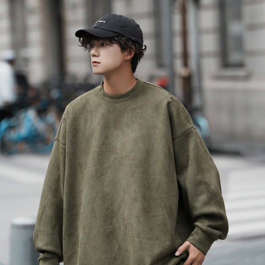 Suede Heavy Round Neck All-matching Sweater Men's Solid Color Loose