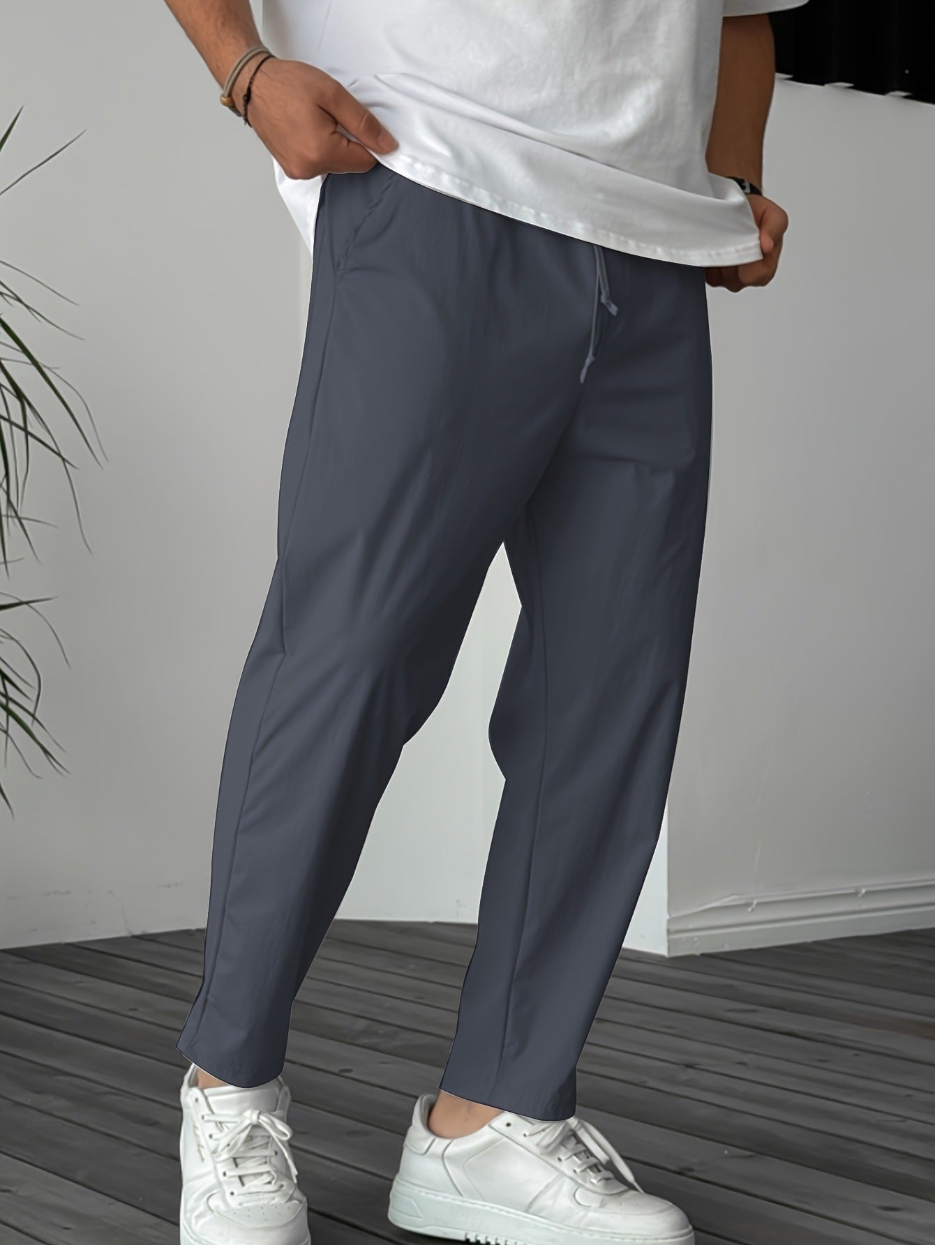 Men's Pure Color Ribbon Pocket Casual Drawstring Trousers