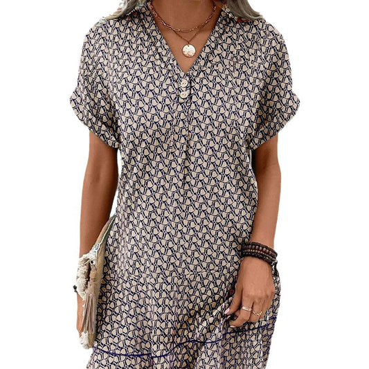 V-neck Loose Waist Printed Short Sleeve Dress