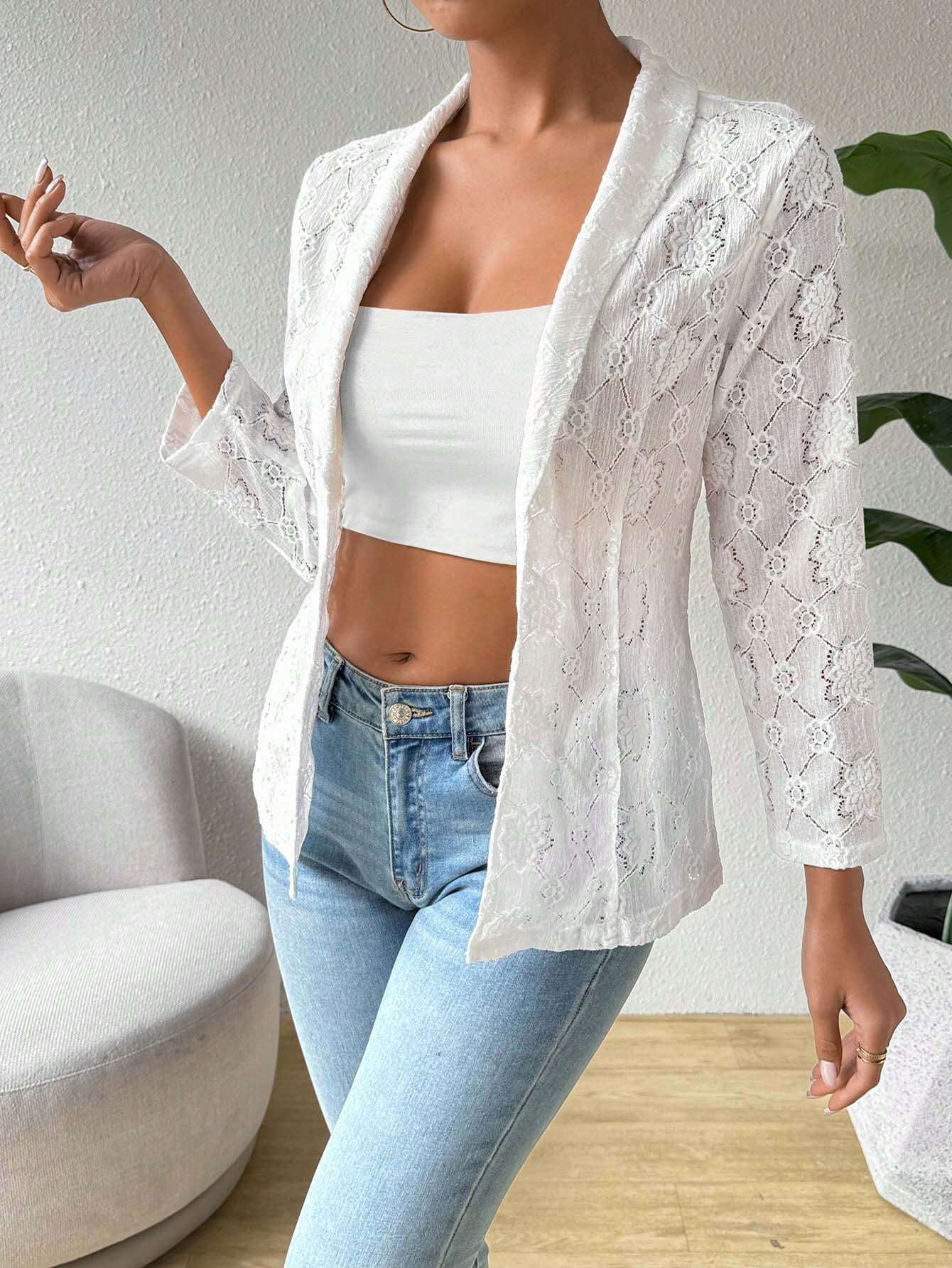 European And American Elegant Solid Color Lace 9 Sleeve Lapel Casual Suit Women's Jacket