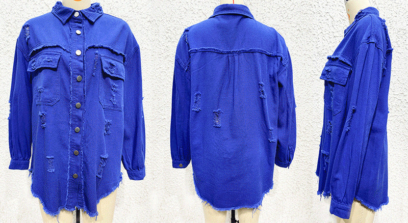 Distressed Denim Jacket Women's Long Sleeve Shirt Casual Lapel Coat With Raw Hem Details