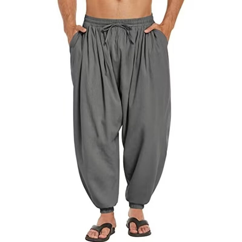 Solid Color Cotton And Linen Pocket Stretch Men's Casual Trousers