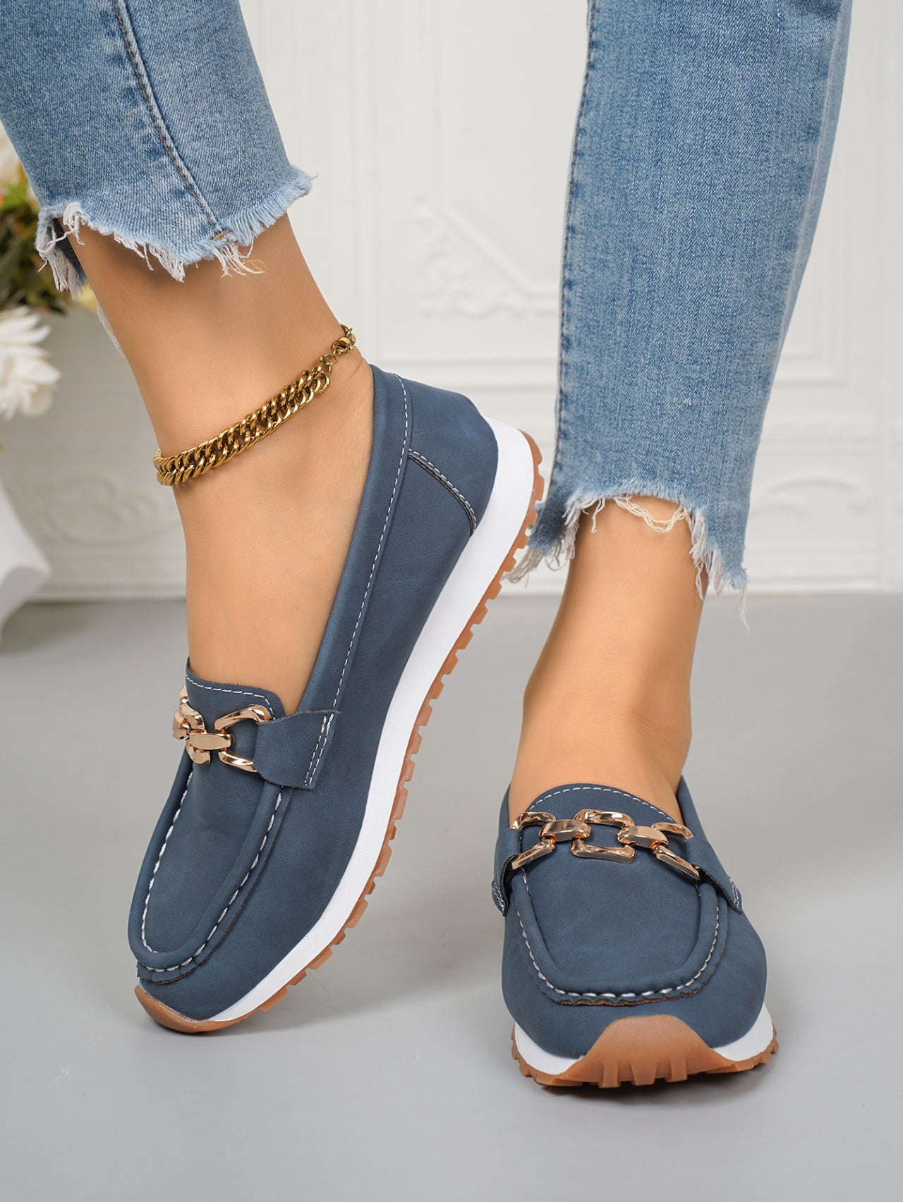 Oversized Shoes Female Metal Chain Flat Platform Casual Loafers
