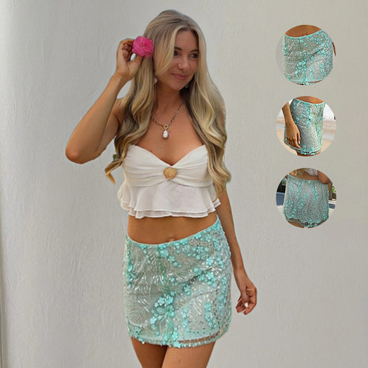 Women's Embroidered Mesh Sequins Flower Skirt