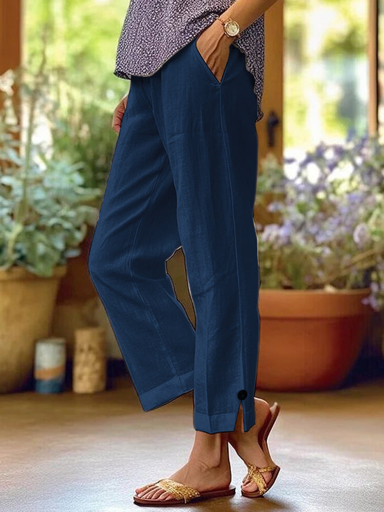 Cotton And Linen Loose Pure Color Elastic Waist Pocket Straight Casual Pants