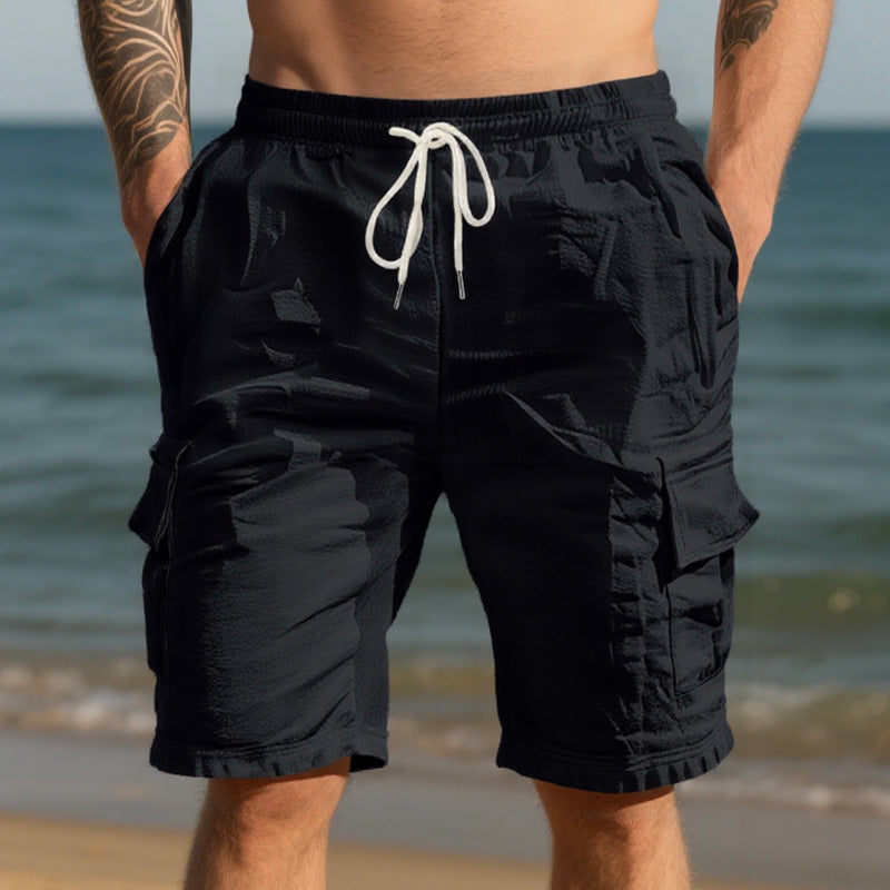 Shorts estivi da uomo in lino, larghi e traspiranti, con più tasche
