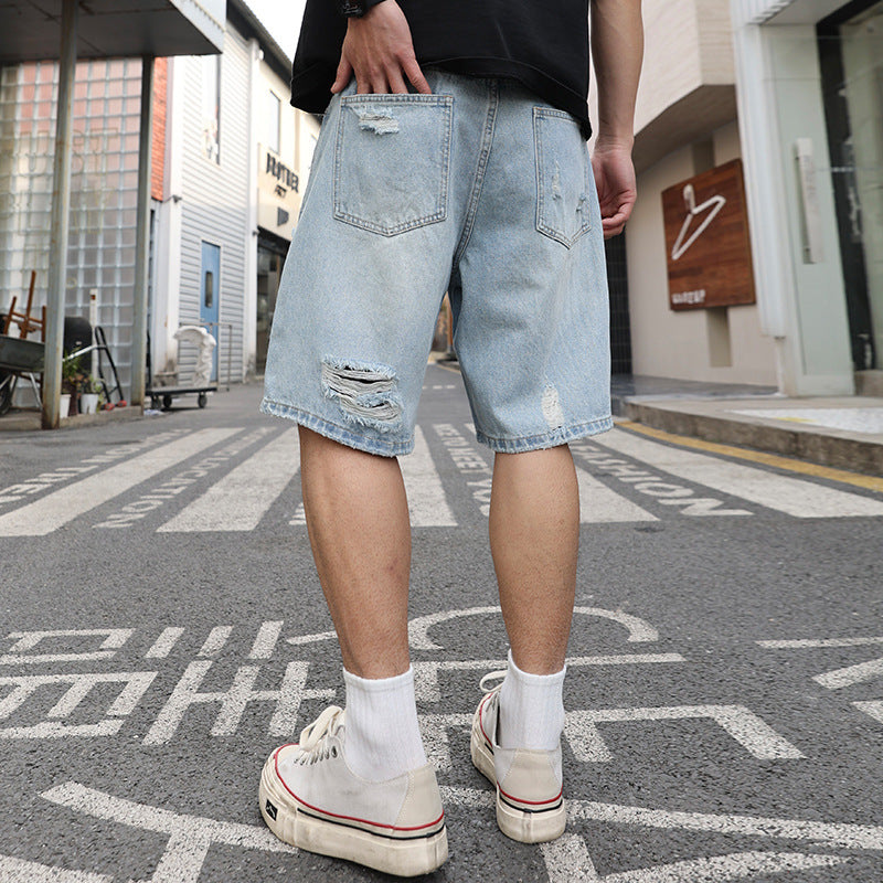 Pantaloncini Uomo in Denim Strappato – Loose Fit Casual Stile Hip Hop