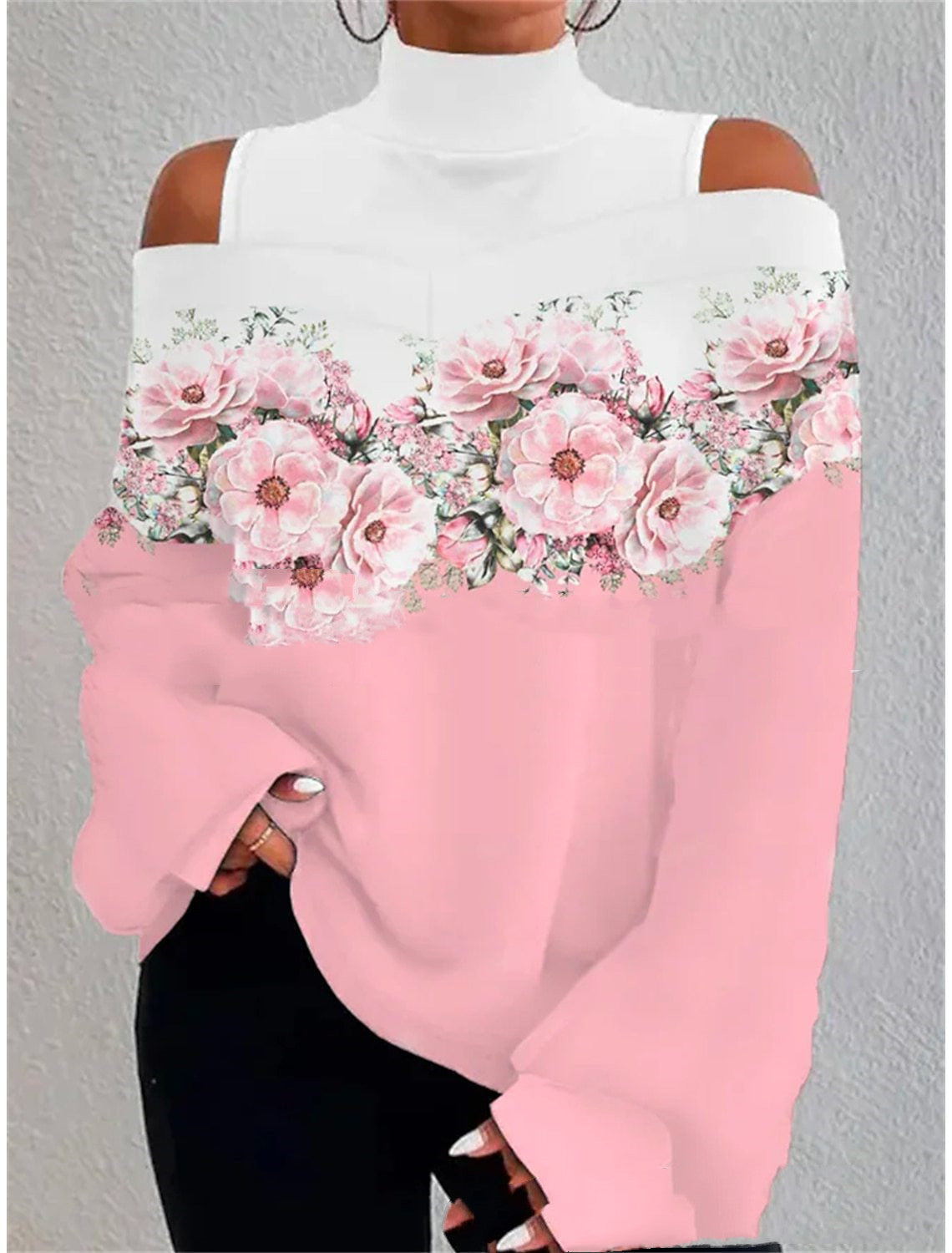 Turtleneck Off-the-shoulder Long Sleeve Printed Top