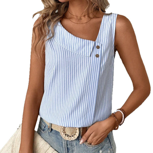 Casual Diagonal Collar Sleeveless Multi-color Stripe Women's Top