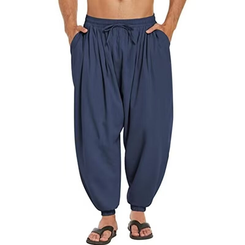Solid Color Cotton And Linen Pocket Stretch Men's Casual Trousers