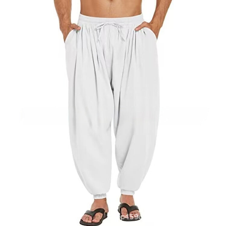 Solid Color Cotton And Linen Pocket Stretch Men's Casual Trousers