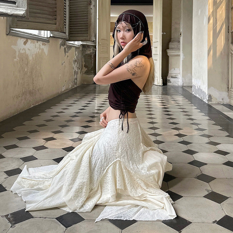 Desert Wind Wandering Stitching Lace Irregular Skirt Fashion Low Waist Large Swing Dress