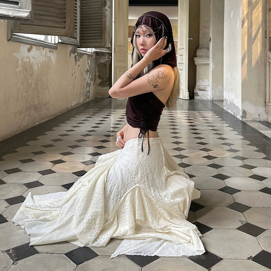 Desert Wind Wandering Stitching Lace Irregular Skirt Fashion Low Waist Large Swing Dress