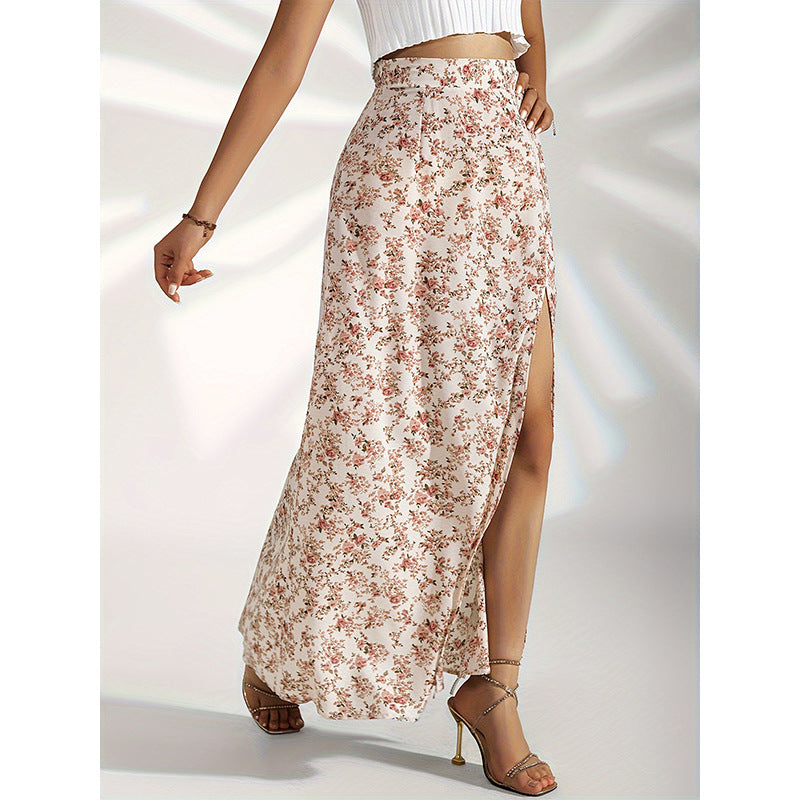 Gentle High Waist Slit Floral Skirt For Women