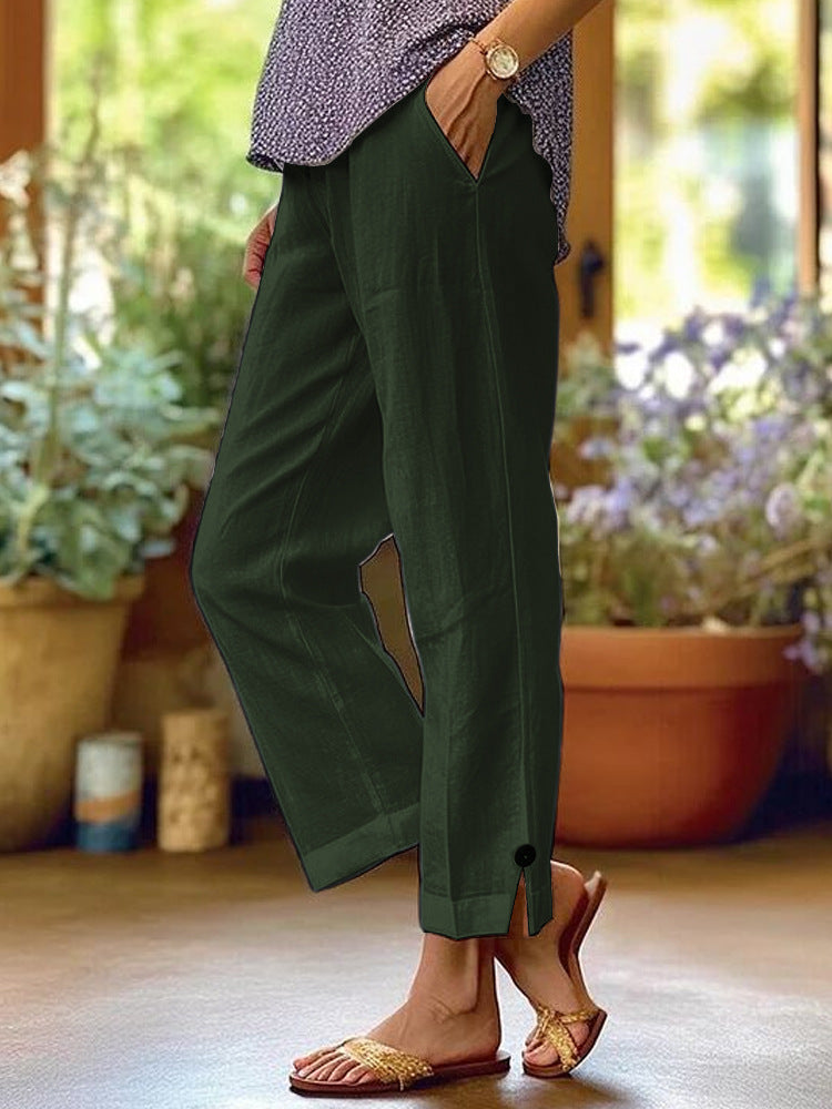 Cotton And Linen Loose Pure Color Elastic Waist Pocket Straight Casual Pants