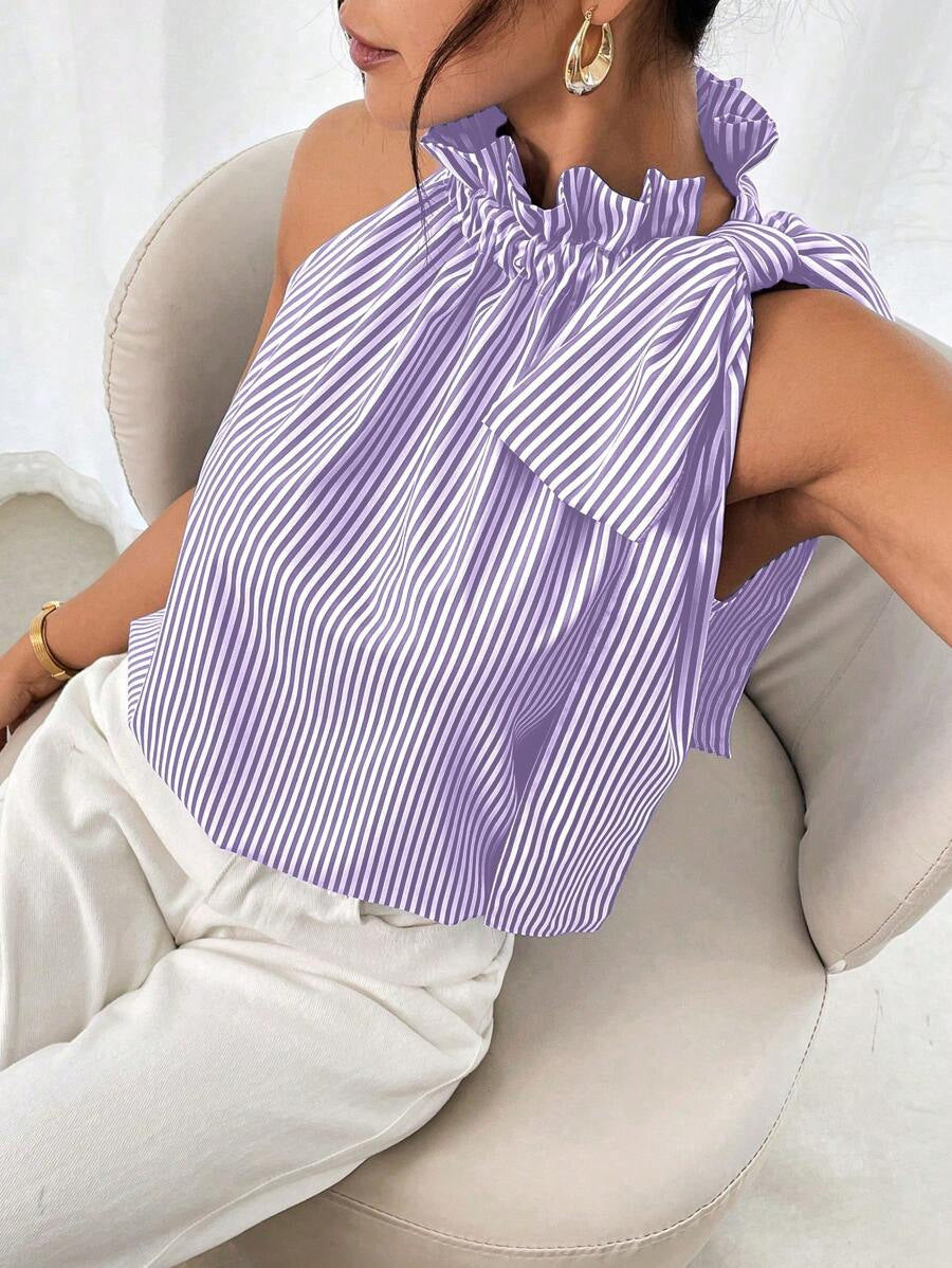 Fashion Casual Sleeveless Striped Lace Turtleneck Top