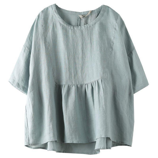 Short Sleeve Loose Round Neck Imitation Cotton And Linen Top