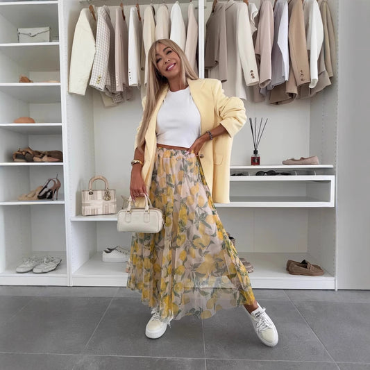 Summer New Mesh Lemon Printing Elastic Waist Large Swing Casual Skirt Women