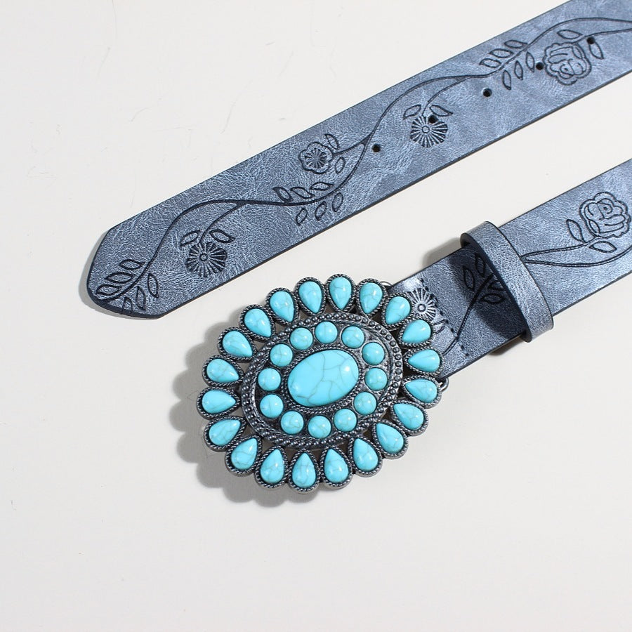 Flow New Rose Pattern Printed Green Pine Beads Alloy Buckle Characteristic Belt Female