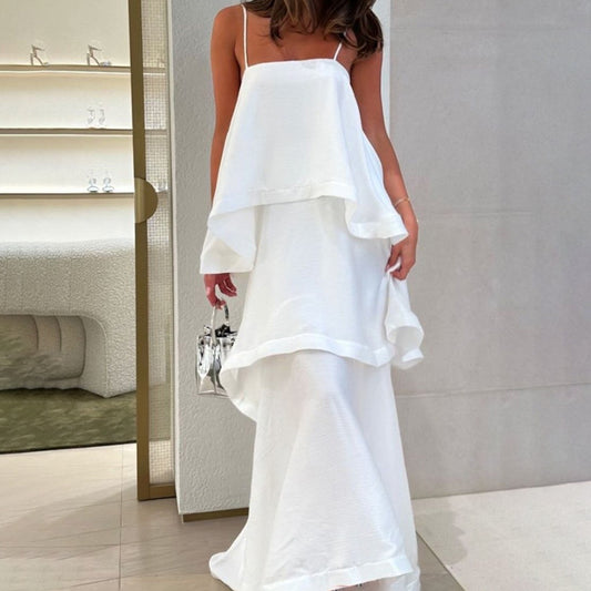 Sleeveless White Satin Drape Dress