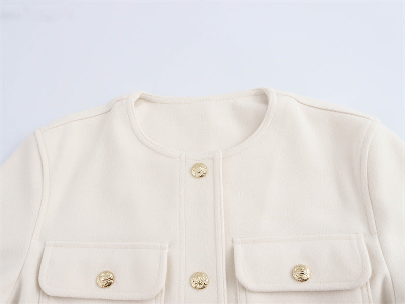 Temperament Crew Neck Long Sleeve Pocket Decorative Jacket Coat