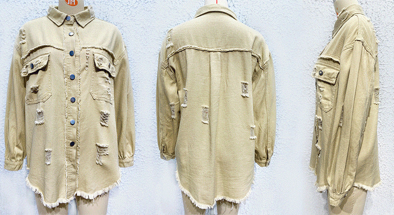 Distressed Denim Jacket Women's Long Sleeve Shirt Casual Lapel Coat With Raw Hem Details