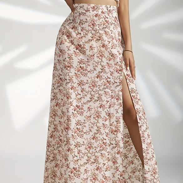 Gentle High Waist Slit Floral Skirt For Women