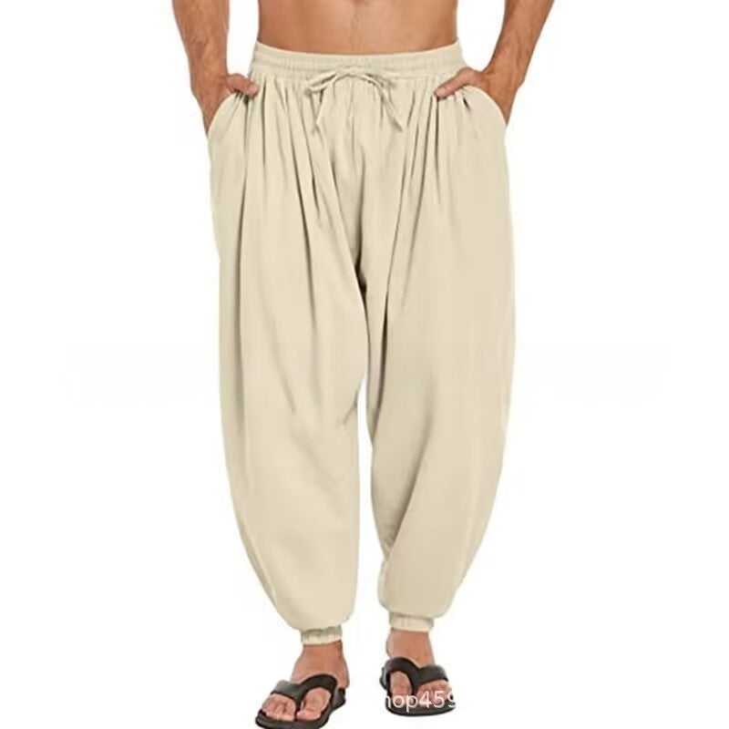 Solid Color Cotton And Linen Pocket Stretch Men's Casual Trousers