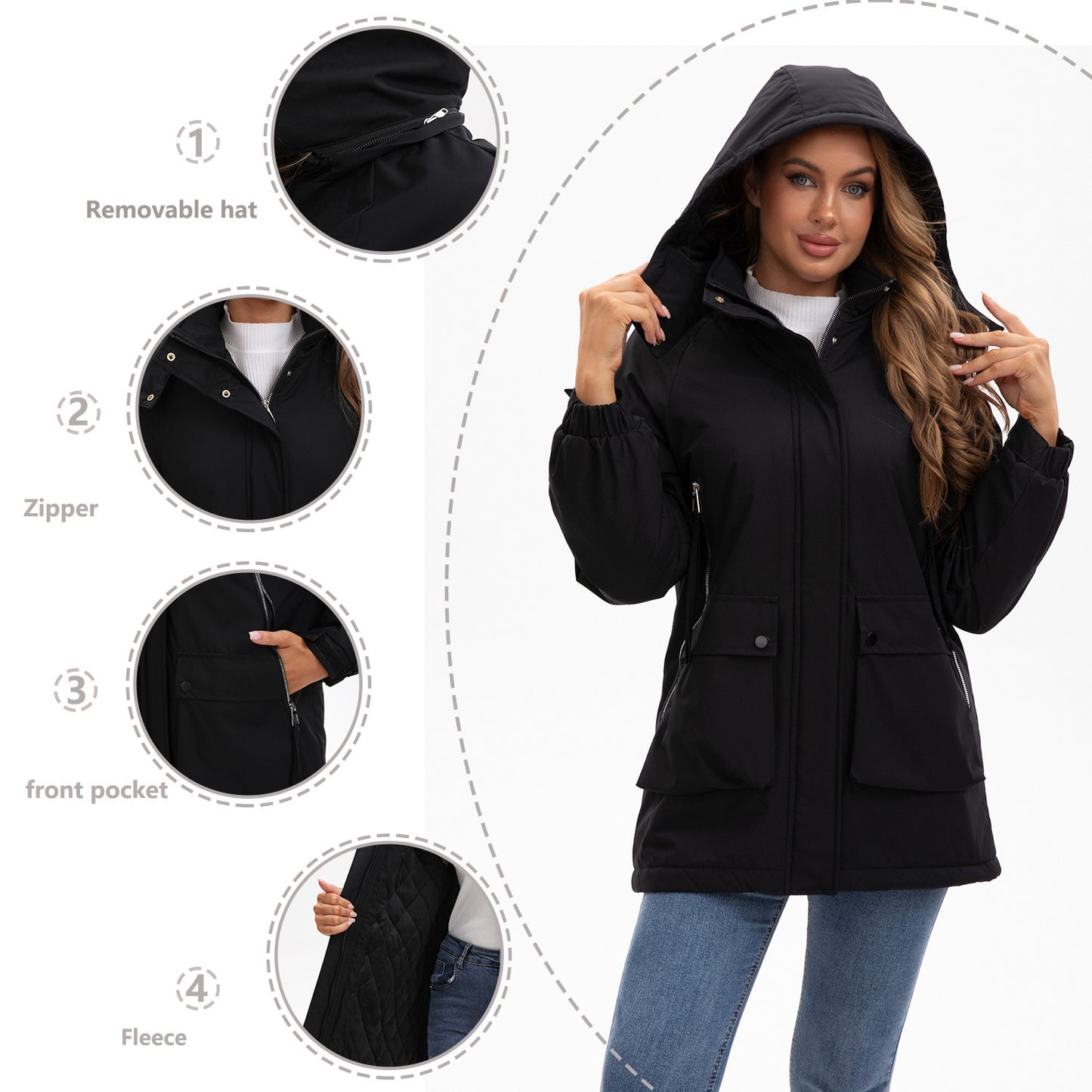 Parka Fleece Padded Coat Shell Jacket Waterproof Lady Fall Winter Coat