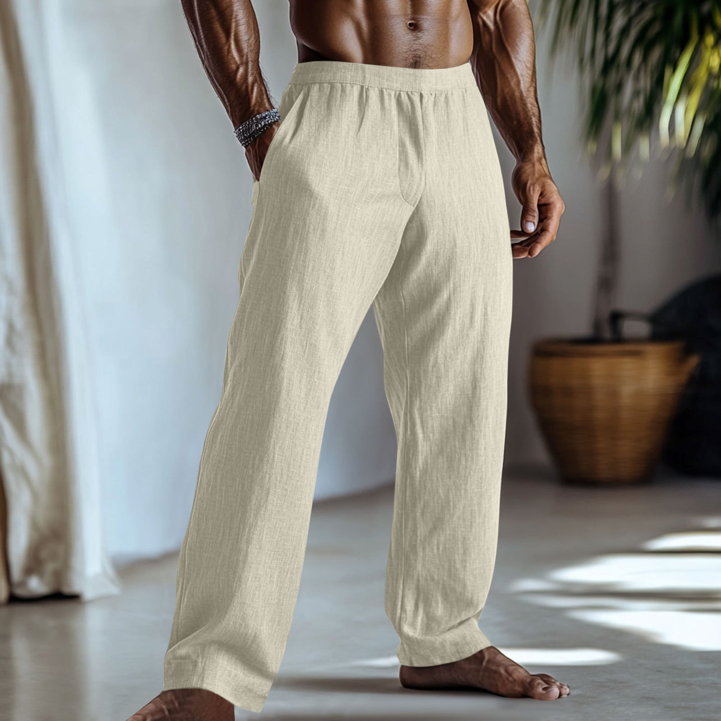 Cotton And Linen Solid Color Casual Trousers With Pockets
