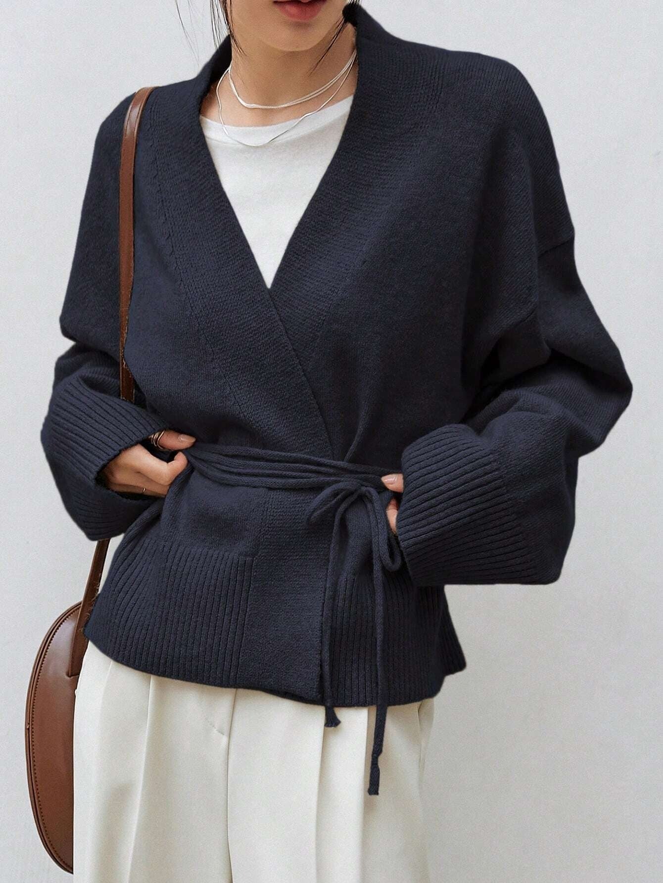 Dazy-Less Drop Shoulder Belted Cardigan