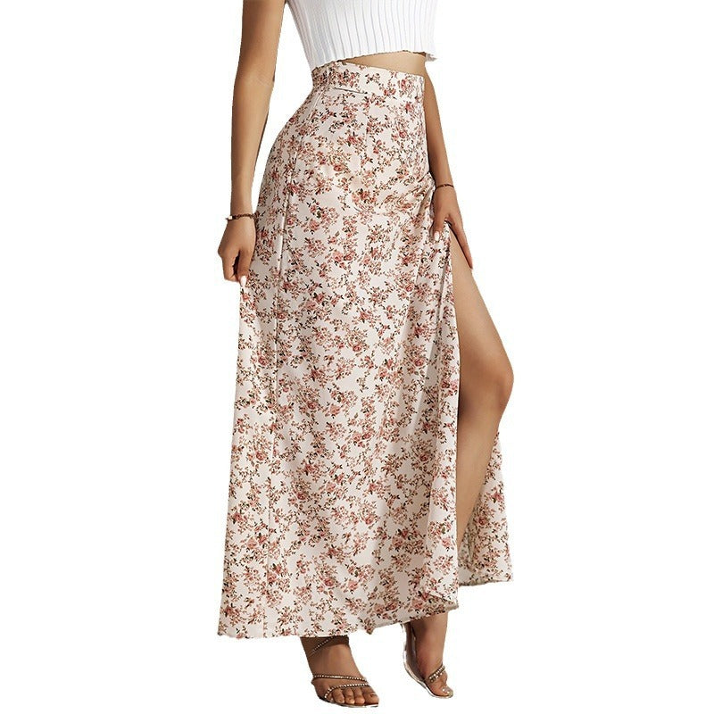 Gentle High Waist Slit Floral Skirt For Women