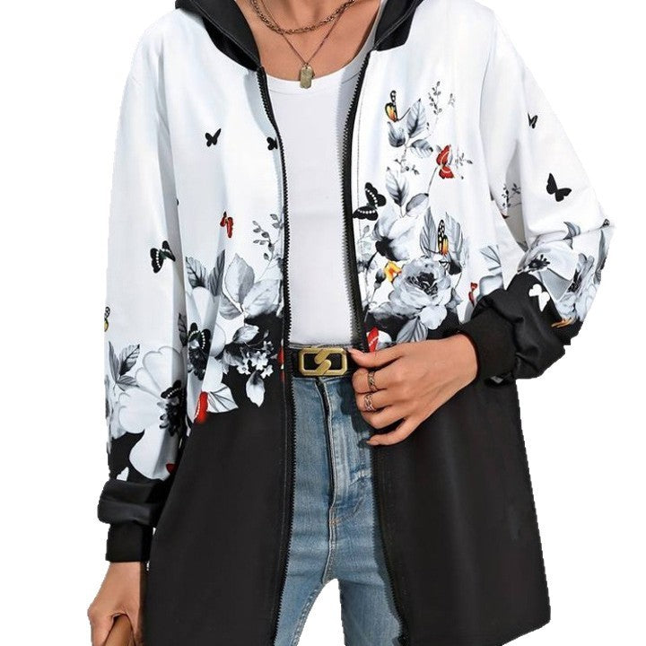 Printed Mid-length Zip Hooded Jacket