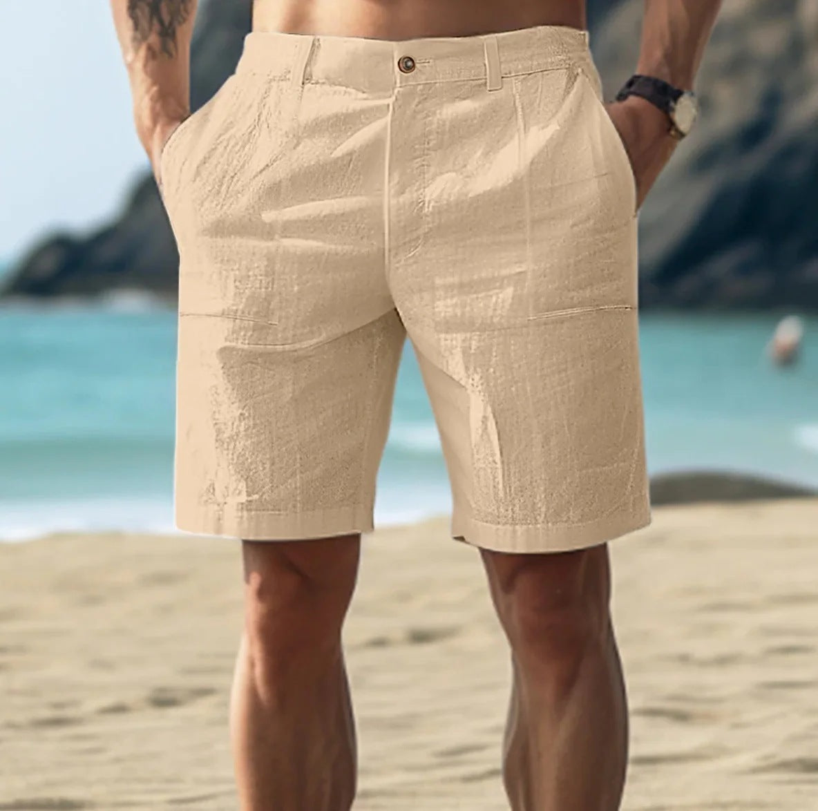 Shorts casual cotone e lino, modello Five-poin