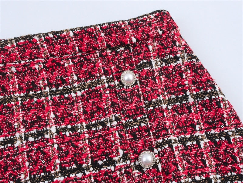 Women's Versatile Pearl Button Coarse Floral Plaid Half Skirt