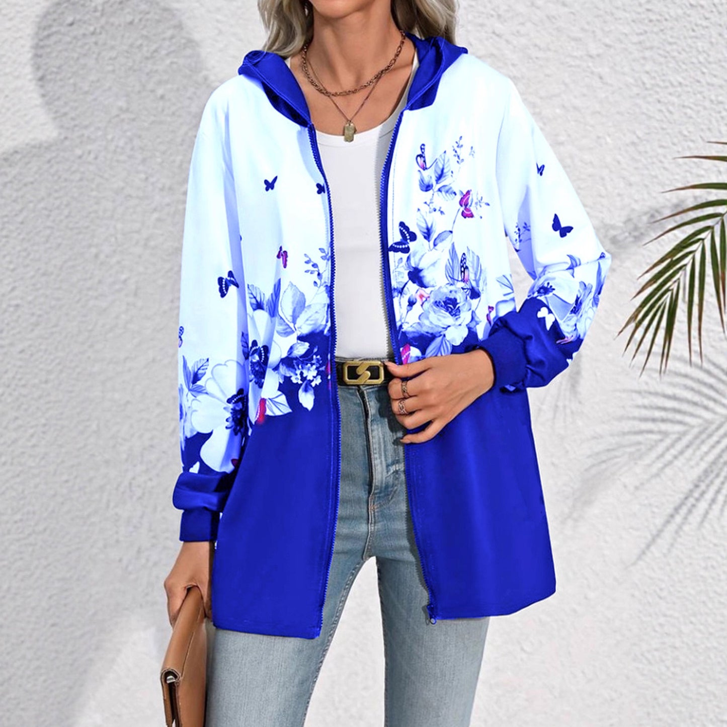 Printed Mid-length Zip Hooded Jacket