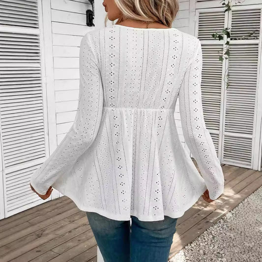 Elegant And V-neck Stitching Lace Long Sleeve Top