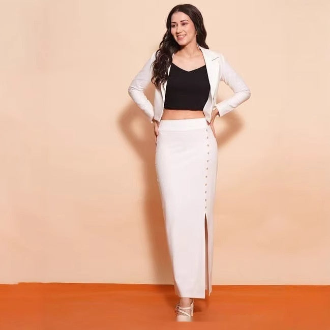 European And American Women's Clothing Sunken Stripe Rib Temperament Split Button Sheath High Waist Skirt