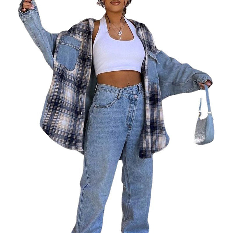 Lady's Denim Jacket New Casual Polo Collar Denim Pocket Plaid Stitching Coat Top
